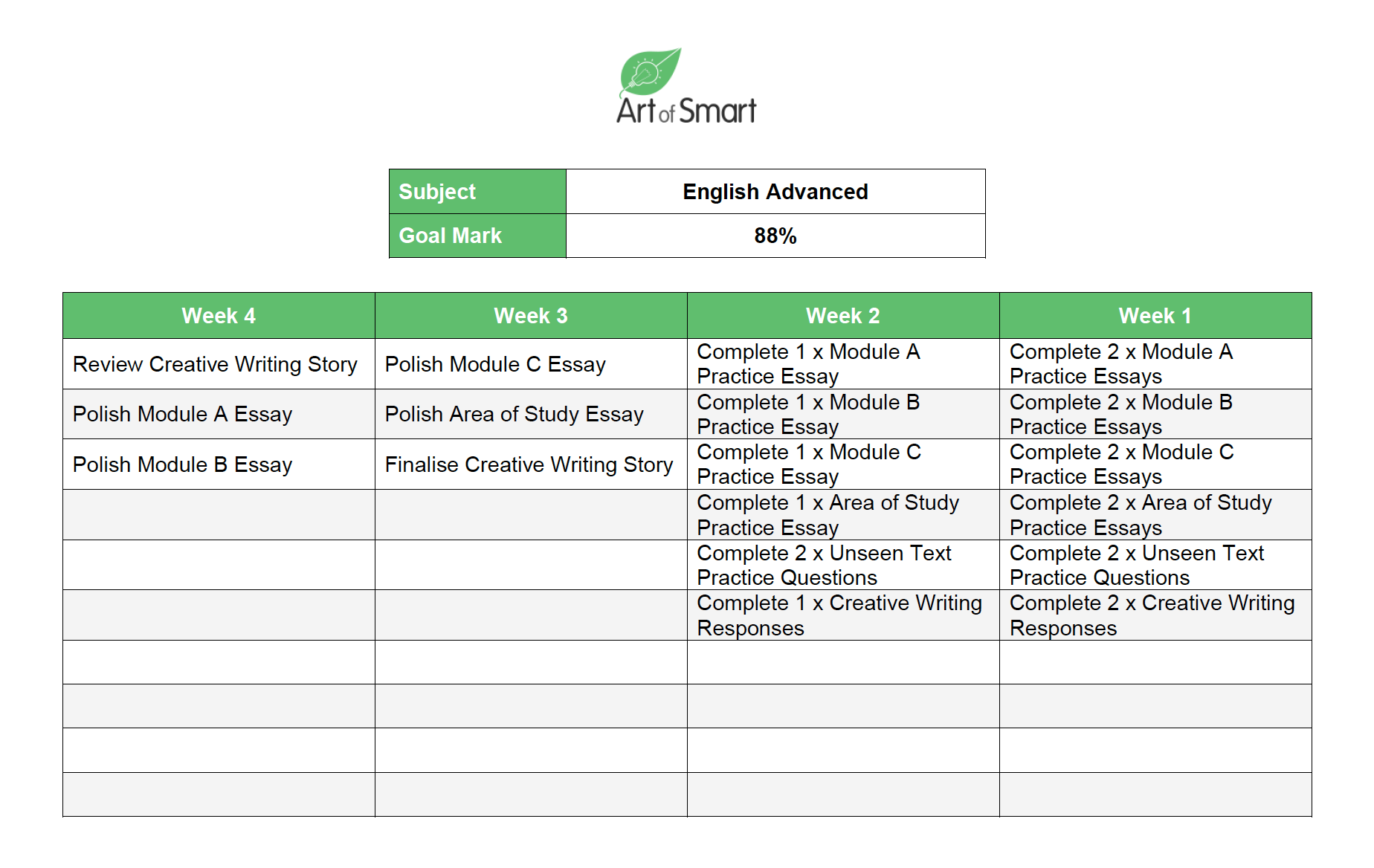 HSC Exams - Study Planner Example