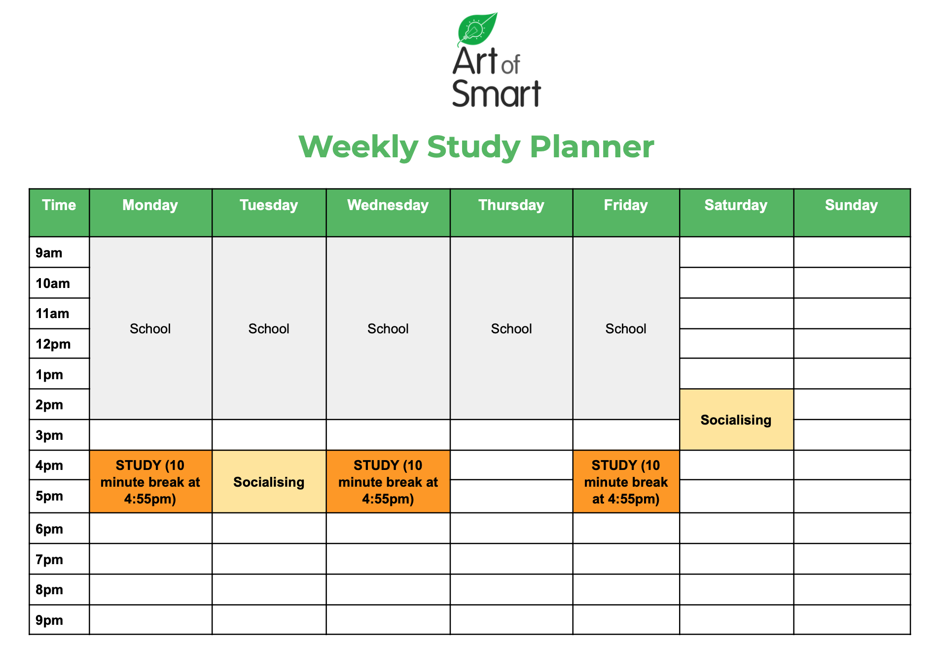 Social Events - Weekly Study Planner