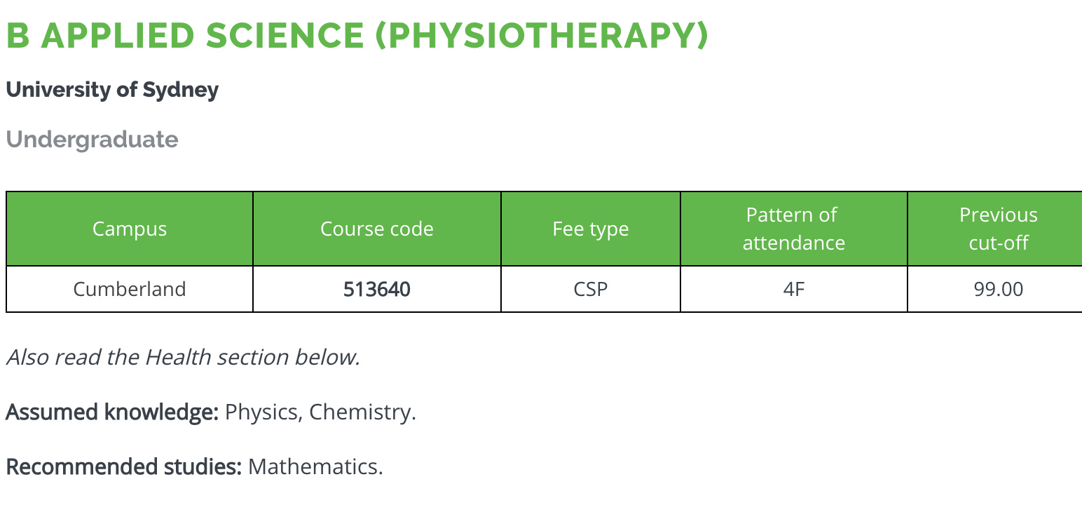 HSC Subjects - Physiotherapy Requirements