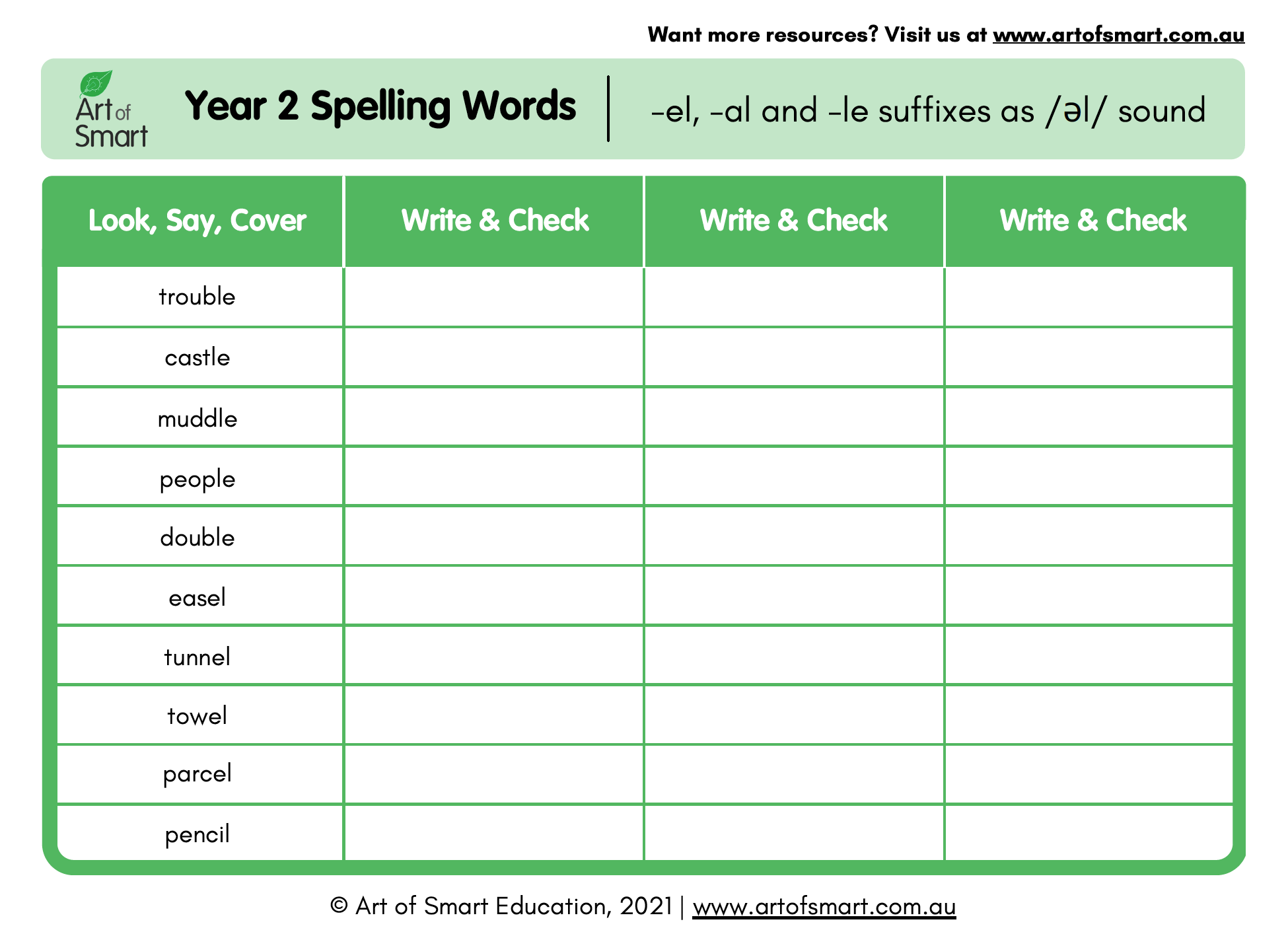 Year 2 Spelling Words Australia - Sample