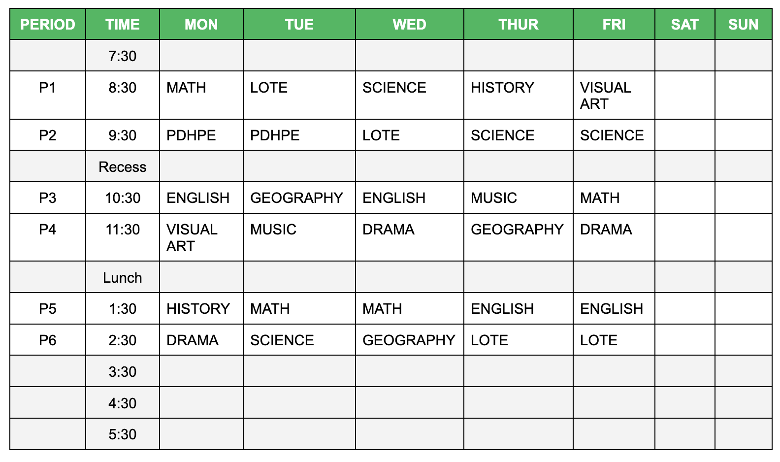 Timetable Example (School timetable)