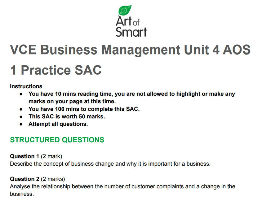 VCE Business Management Practice SAC Preview