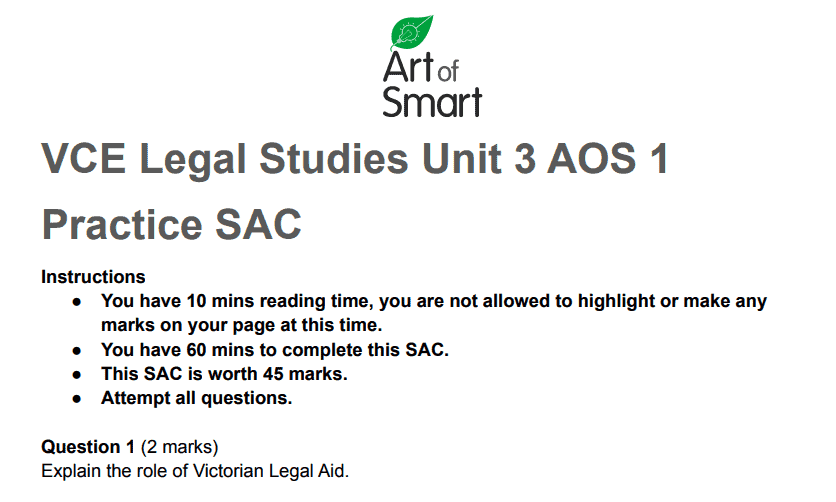 VCE Legal Studies Unit 3 AOS 1 Practice SAC Preview
