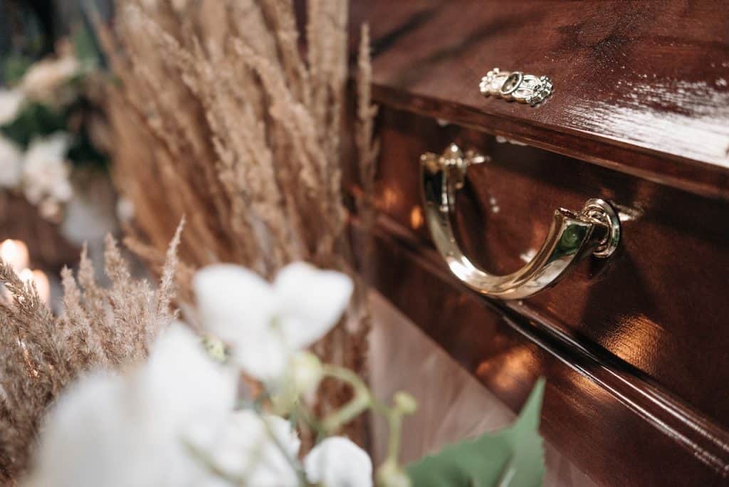 Close up shot of a brown wooden coffin - I Felt a Funeral in My Brain analysis